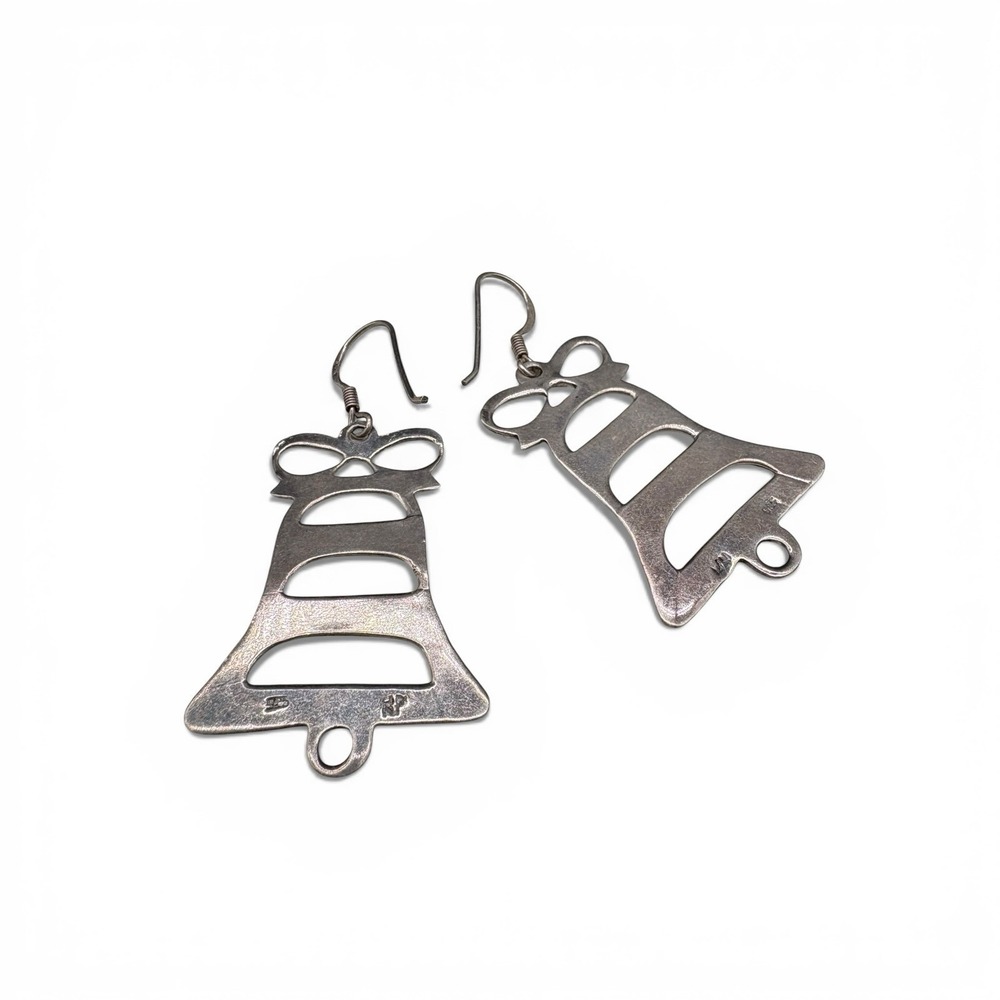 Sterling Silver 925 Jingle Bell Cutout Dangle Earrings Fish‎ Hook Vintage